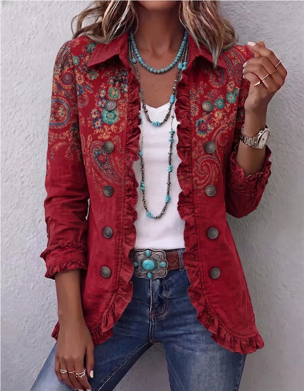 Veste Mi-Longue Vintage à Volants & Motifs Floraux – Équilibre Retro Chic