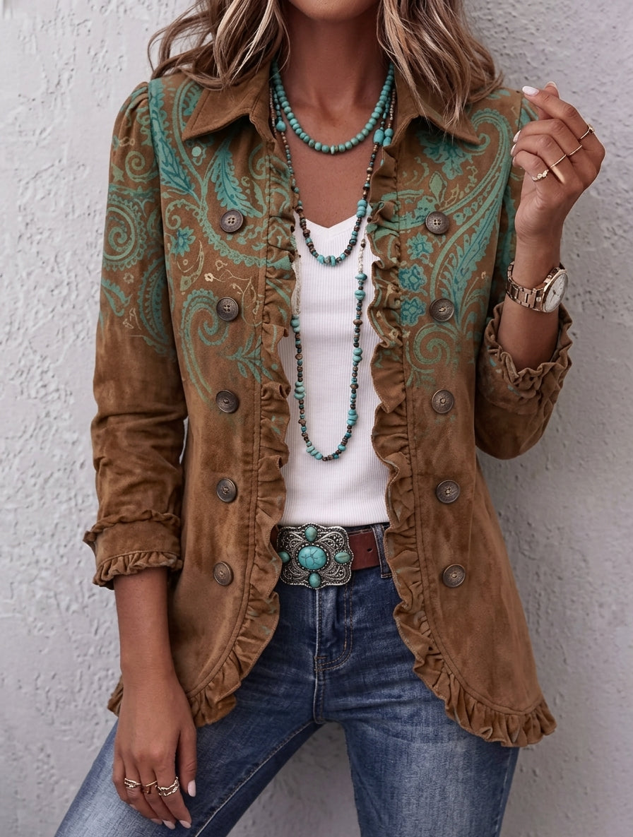 Veste Mi-Longue Vintage à Volants & Motifs Floraux – Équilibre Retro Chic