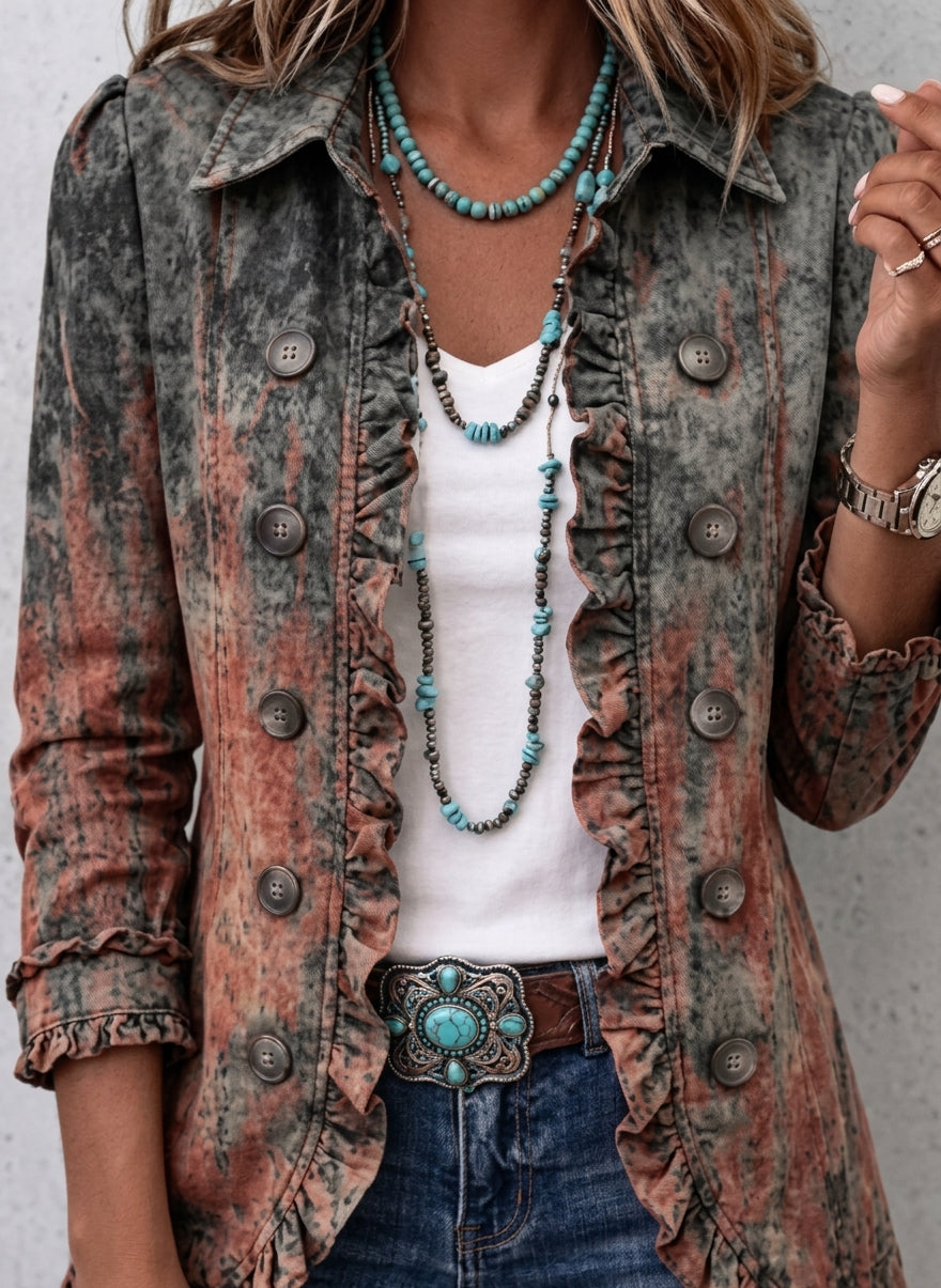 Veste Mi-Longue Vintage à Volants & Motifs Floraux – Équilibre Retro Chic