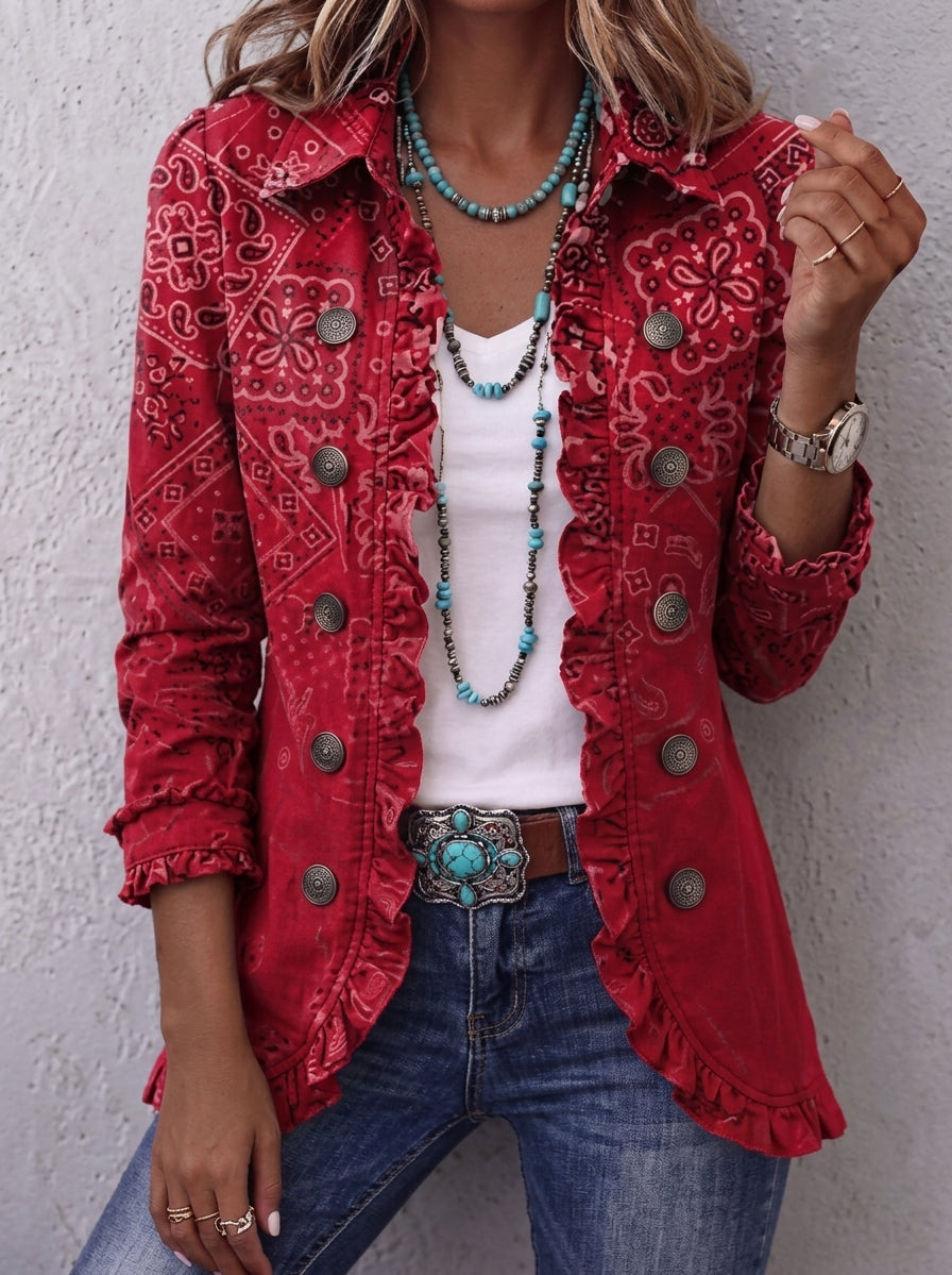 Veste Mi-Longue Vintage à Volants & Motifs Floraux – Équilibre Retro Chic