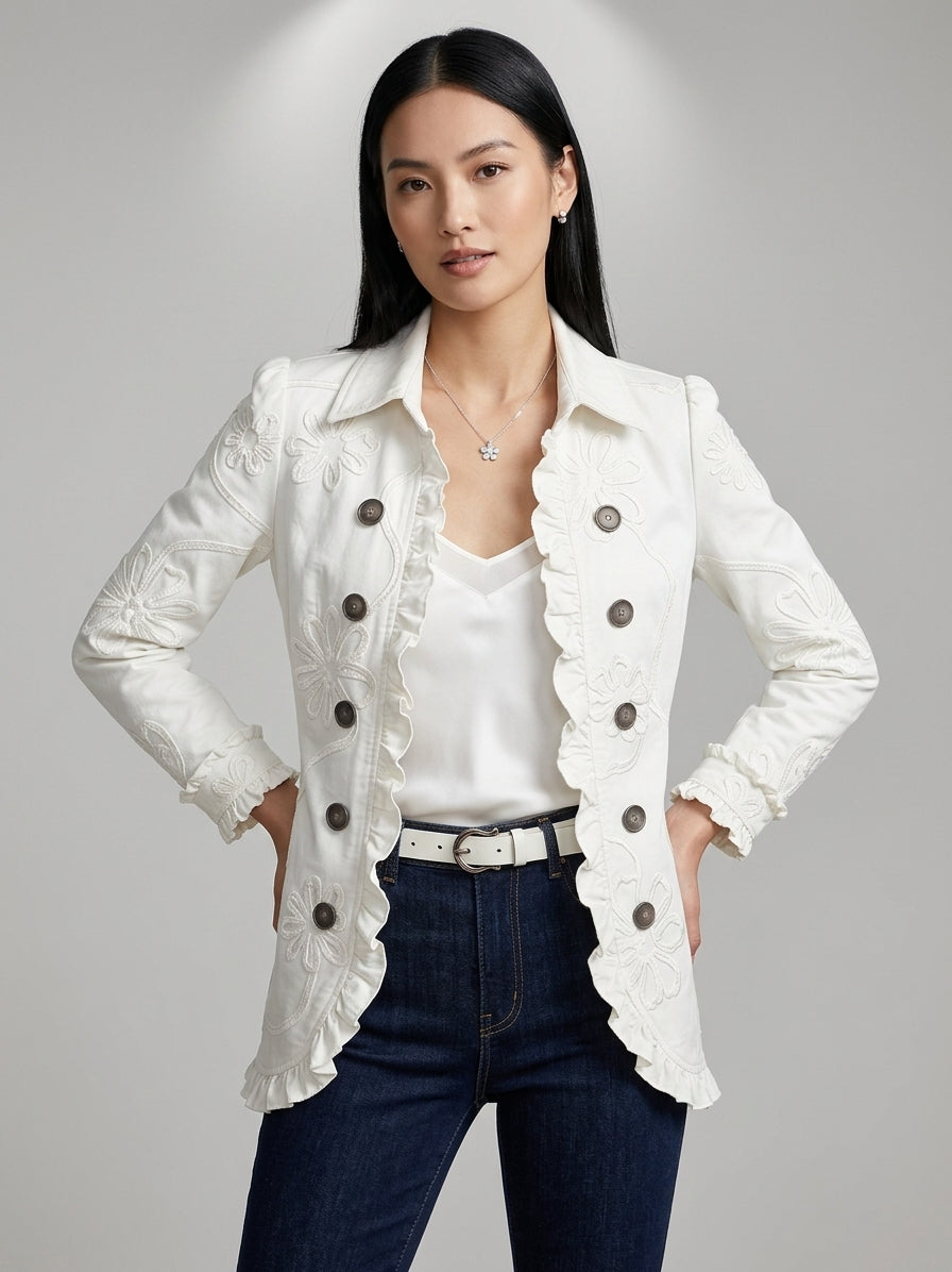 Veste Mi-Longue Vintage à Volants & Motifs Floraux – Équilibre Retro Chic
